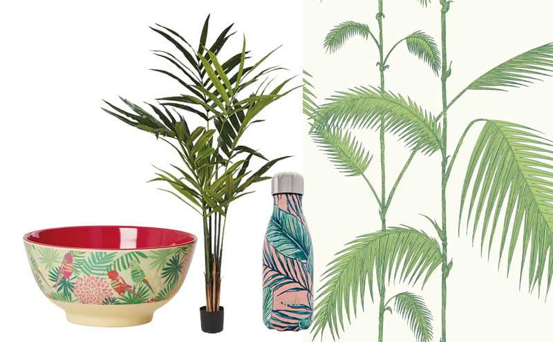 Tropical Print Melamine Bowl, £9.50, Rice Dk; Kentia Palm Tree, £80, Sweetpea & Willow; The Resort Bottle, Palm Beach, £25, S’well; Contemporary Restyled Collection, Palm 95/1009, £76 per 10m roll, Cole & Son