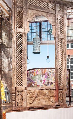 The shop’s Moorish window display, featuring fabrics from Backhausen, Pierre Frey and Manuel Canovas.
