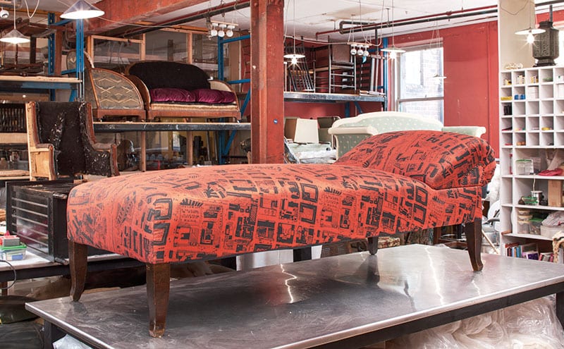 This chaise longue, made in Weimar Germany in the 1920s, has been covered with a James Hare merino wool silk mix that was screenprinted with a map of Glasgow by local designers Bespoke Atelier