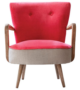 Calvin armchair in coral velvet and linen, £399, Atkin & Thyme