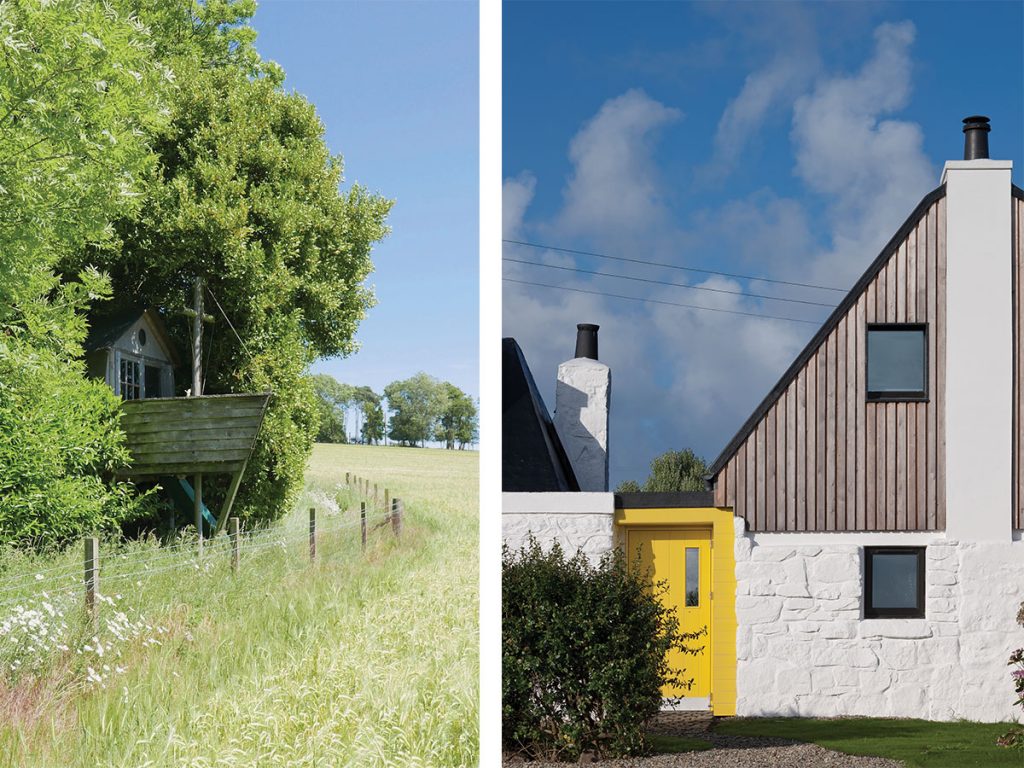 two unusual buildings in Scotland on a sunny day