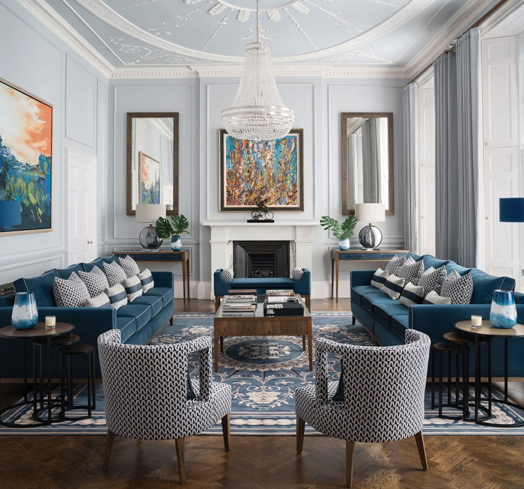 blue-living-room-with-intricate-ceiling