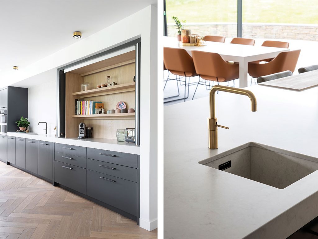 kitchen-with-grey-cupboard-and-orange-chairs