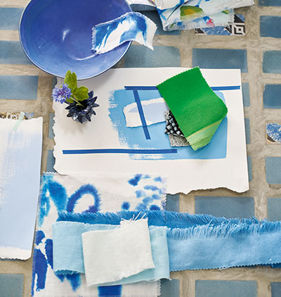 moodboard-brings-together-flowers,-crockery-and-fabric-in-harmonious-shades-of-blue-and-green
