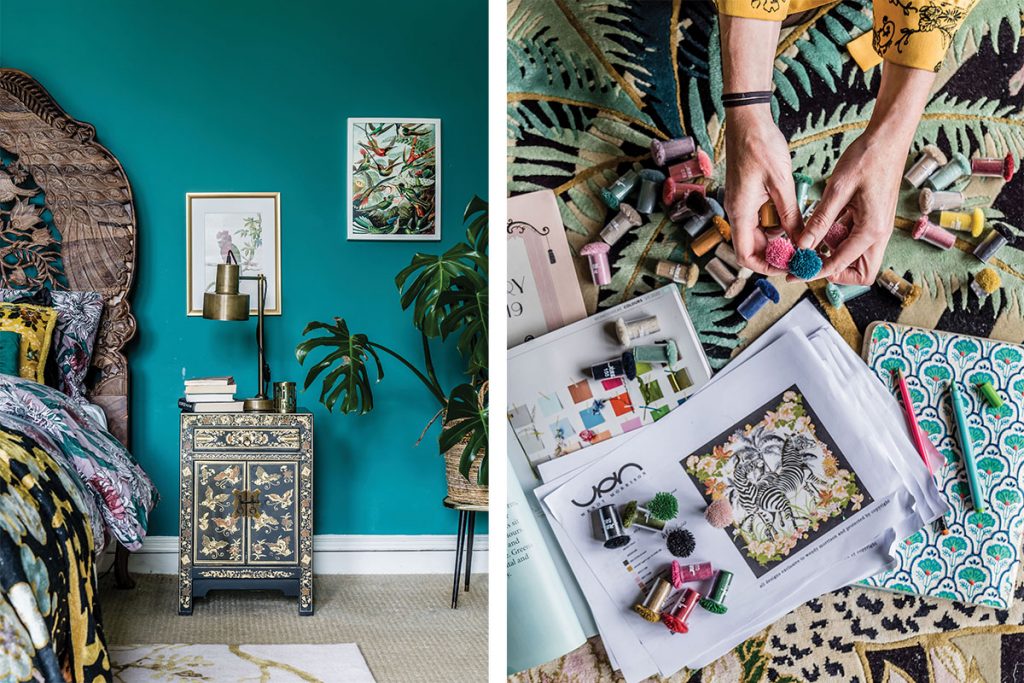 teal-coloured-bedroom-with-carved-headboard-and-wendy-working-on-a-rug