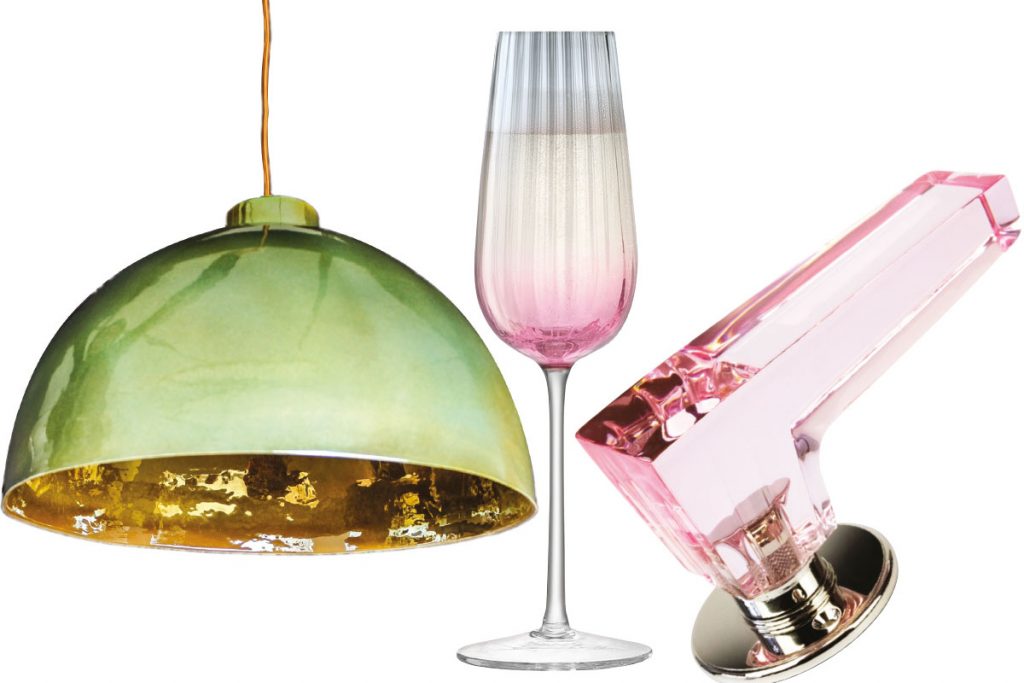 green-glass-lamp,-lsa-champagne-glass-pink-lever-handle