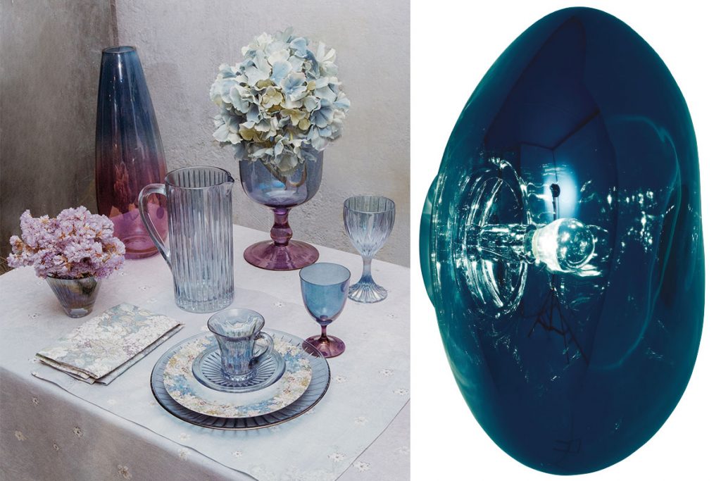 tablescape-with-iridescent-glassware-and-tom-dixon-light