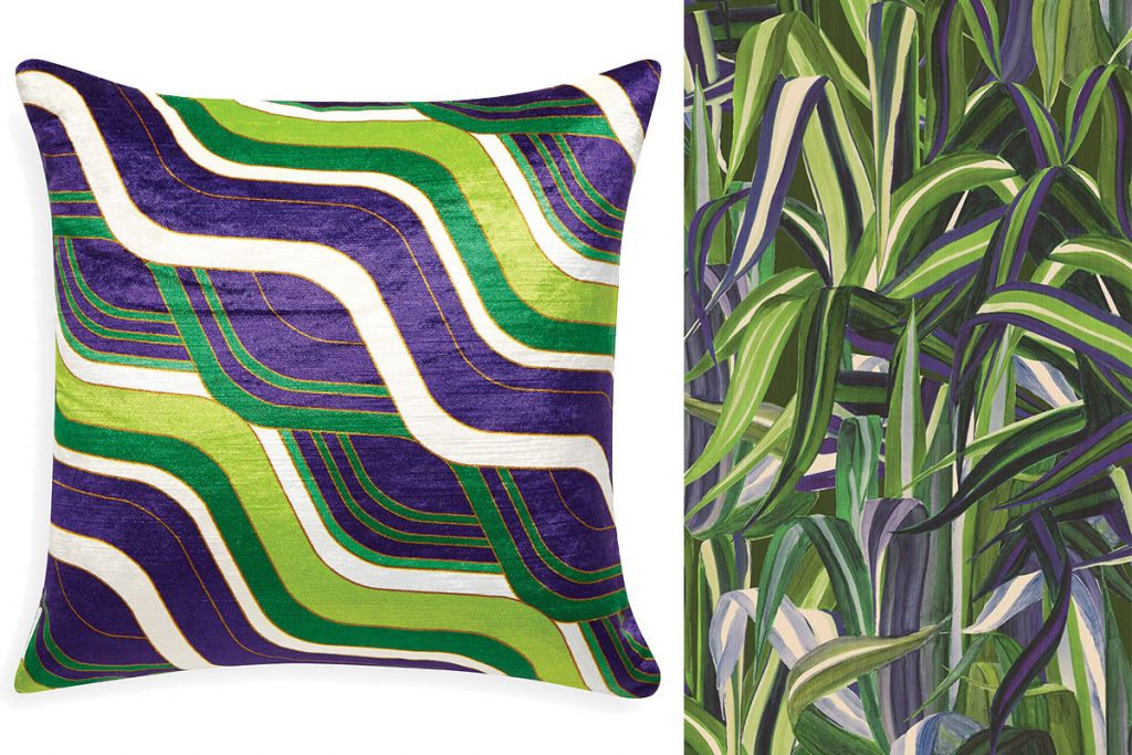 jonathan-adler-cushion-and-purple-patterned-wallpaper