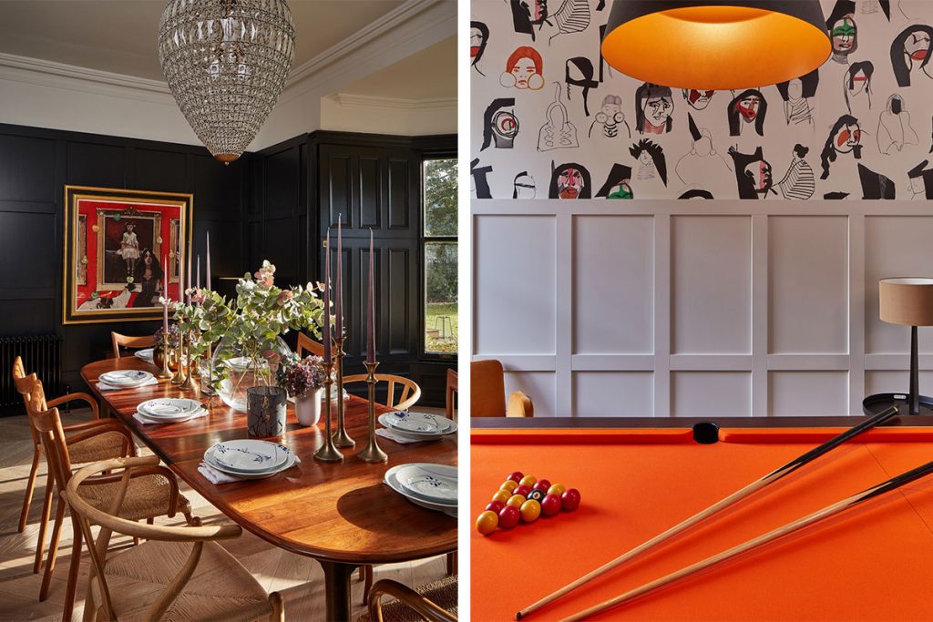 dark-dining-room-with-wooden-chairs-and-orange-snooker-table