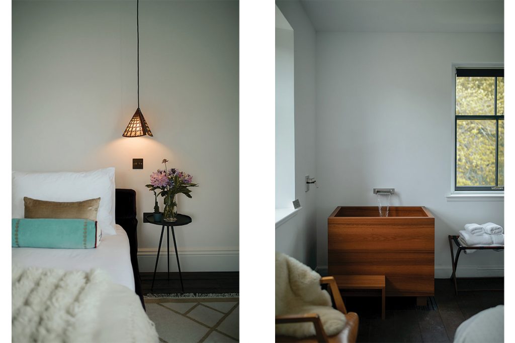 Cosy bedroom with handmade pendant lampshade; Japanese soaking tub in warm wood