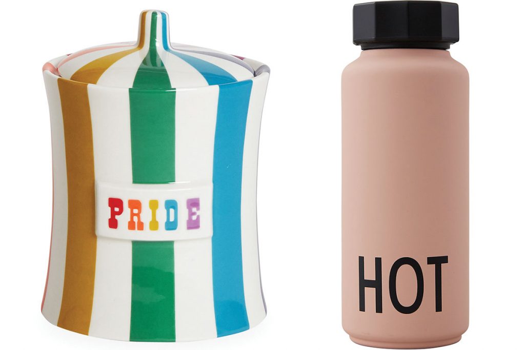 rainbow stripe porcelain tin with PRIDE written on it, light pink flask bottle with HOT written