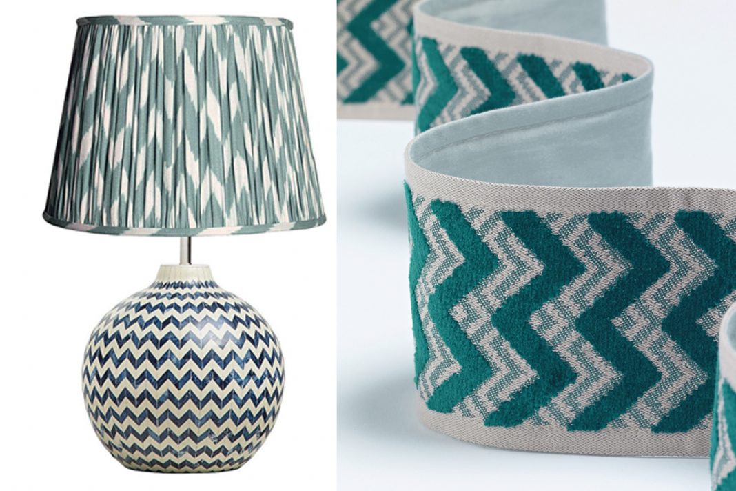 Left: Pooky Jaggery table lamp, £180, with 40cm straight empire shade in Eau de Nil Ikat, £93, Armilla trim in jade, £61 per m, James Hare