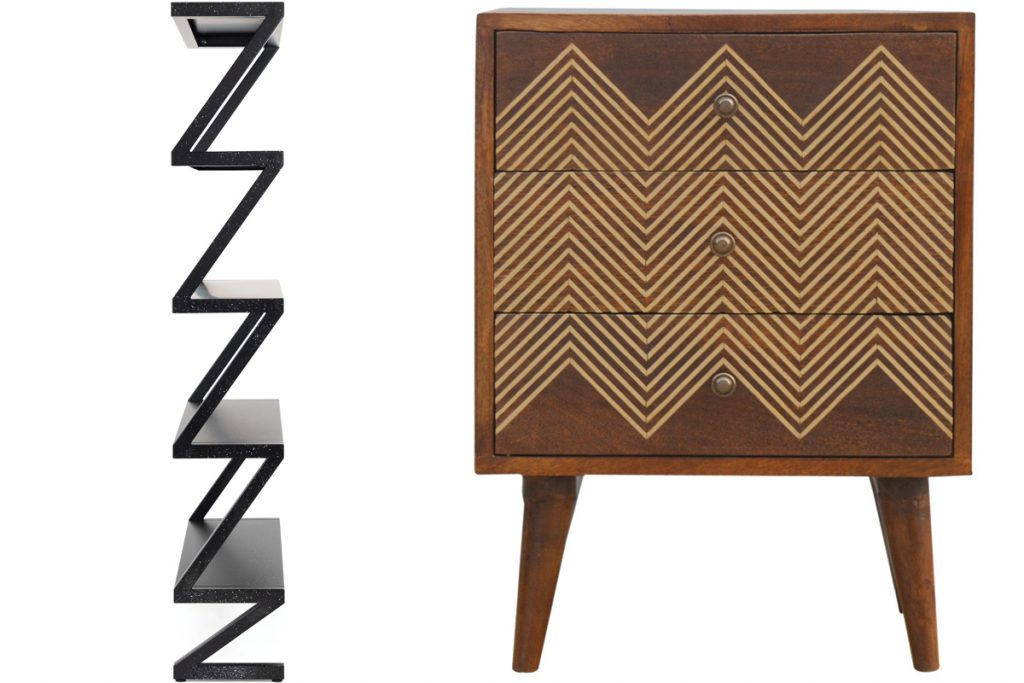 Left: Bureaurama shelving system, from £1,594, Magis , Brass chevron chest of drawers, £286, Lime Lace