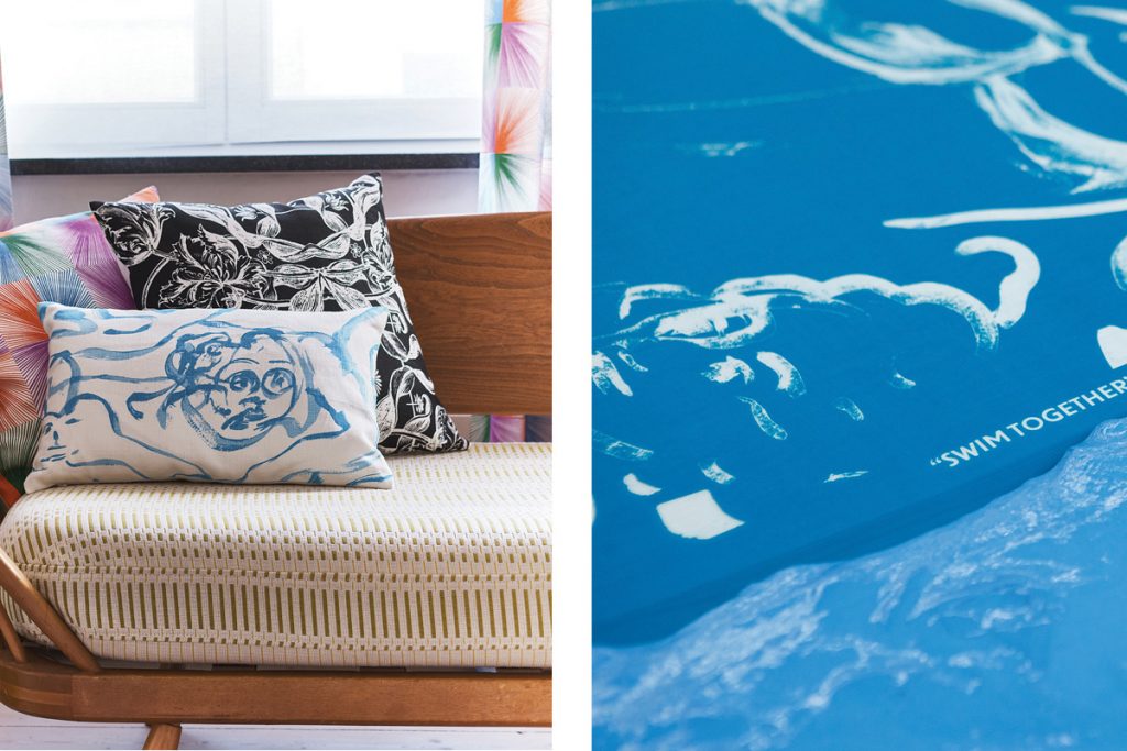 [Left] Fabrics made up as cushion covers, including the colourful ‘Reflection’ by Lothar Götz. [Right] ‘Swim Together’ by Sophie Von Hellermann. 