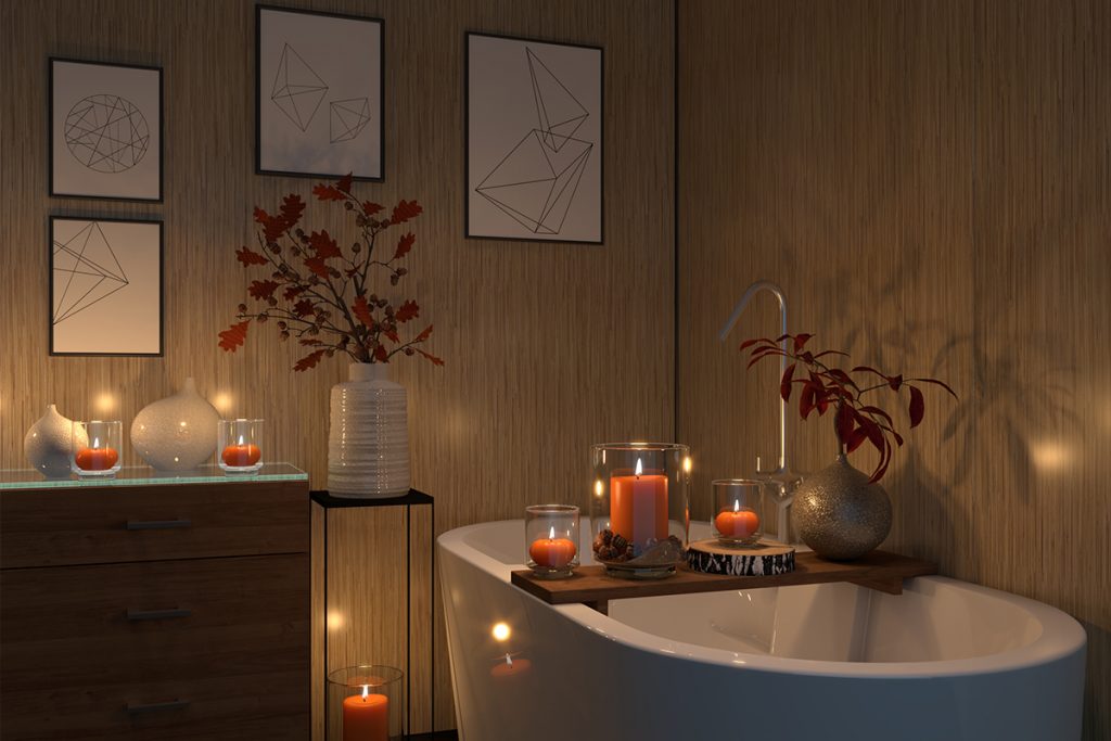 Spa style bathroom using bamboo wood panels and slate click vinyl flooring 