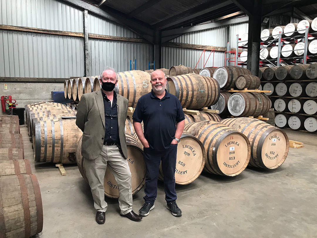 James Gillies [L in mask] of Geraldos and Malcolm Rennie of Lochlea Distillery