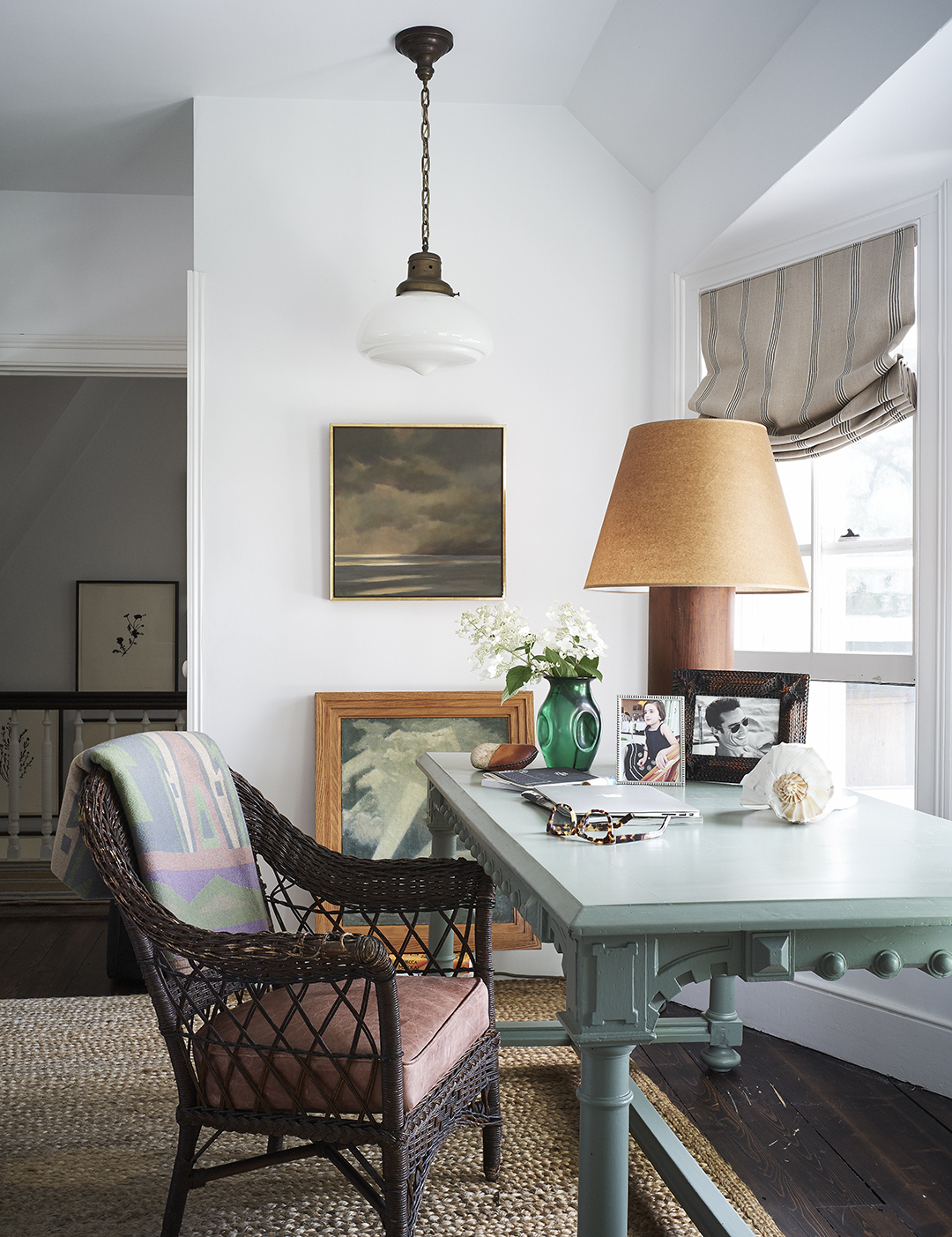 study- desk with lamp and fabric blind