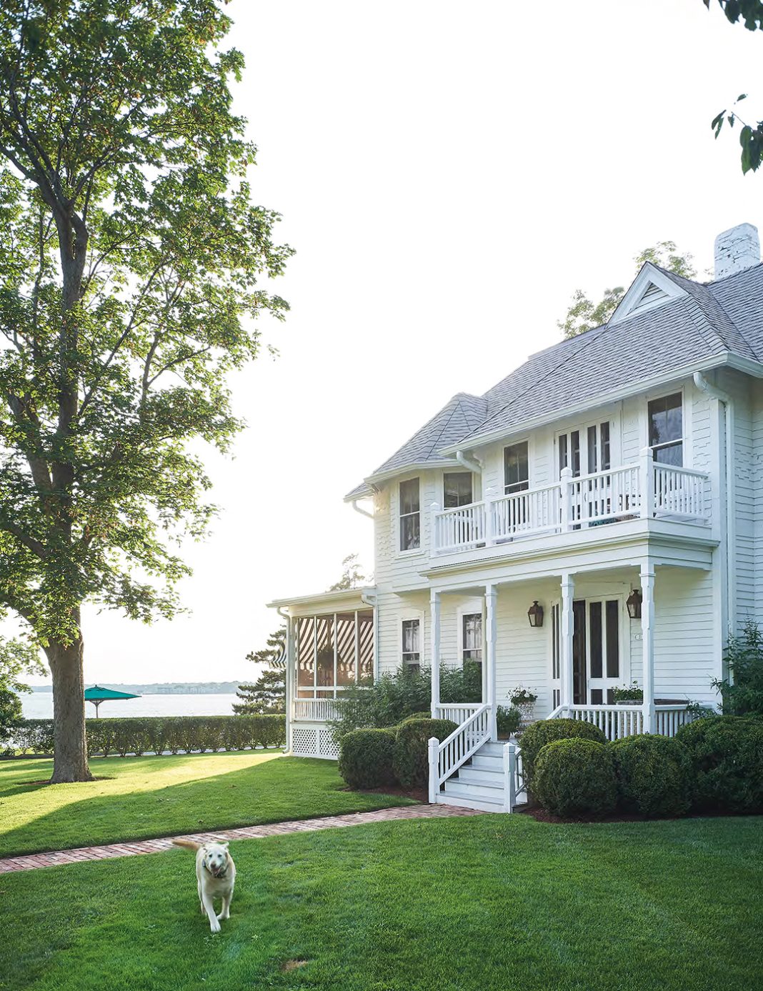 white coastal home with wraparound porch, lawns, tree and sea views