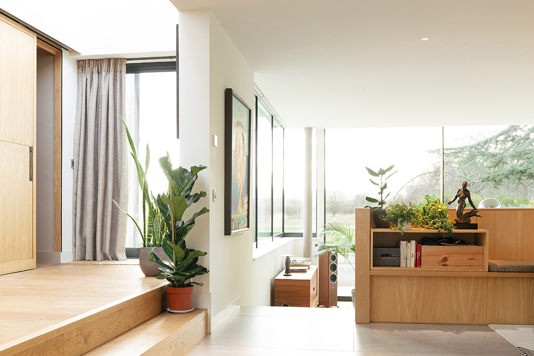 open plan space, stepped to living area, houseplants, wooden flooring, natural light