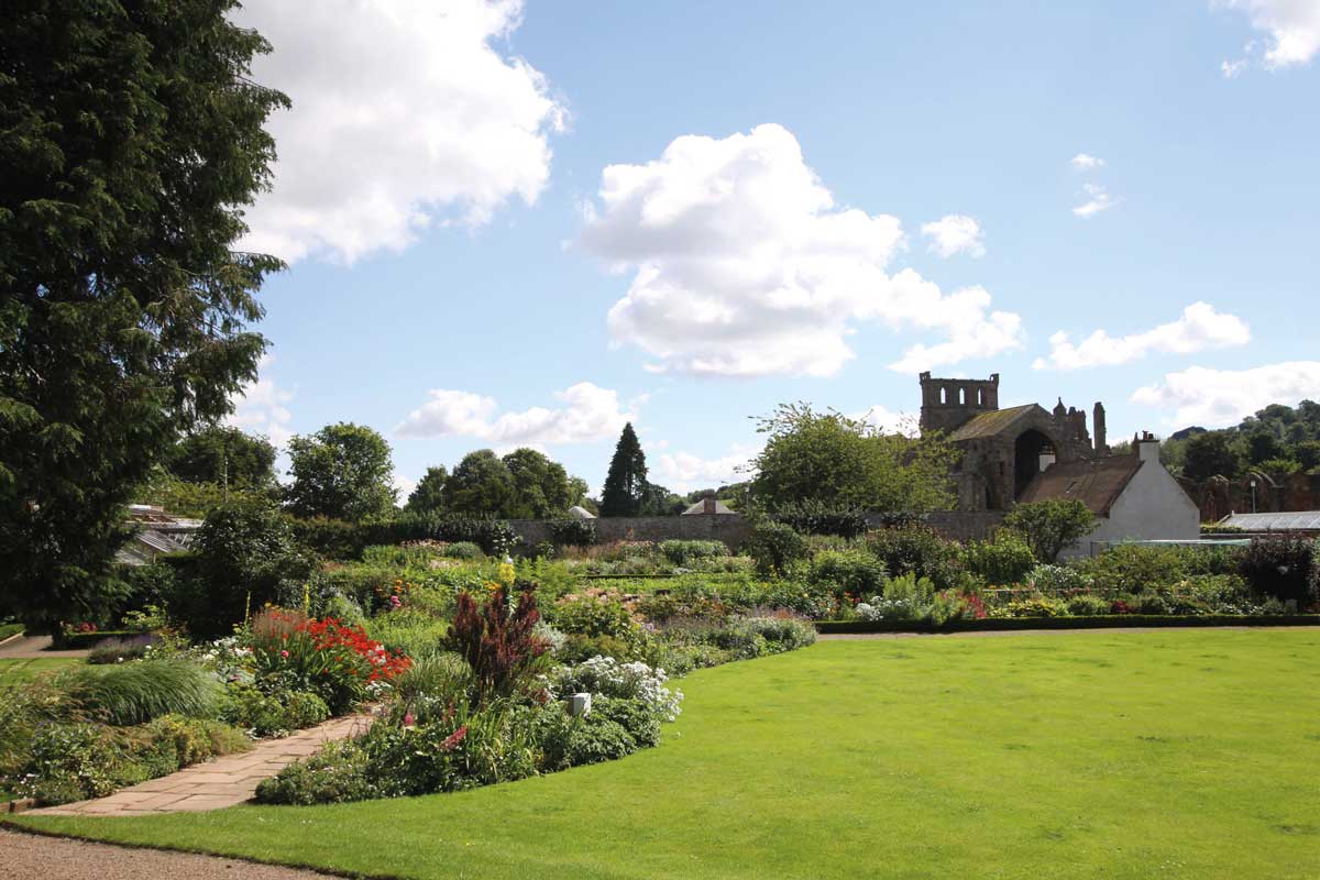 An expanse of green lawn on the right and a path to the left, with abundant greenery