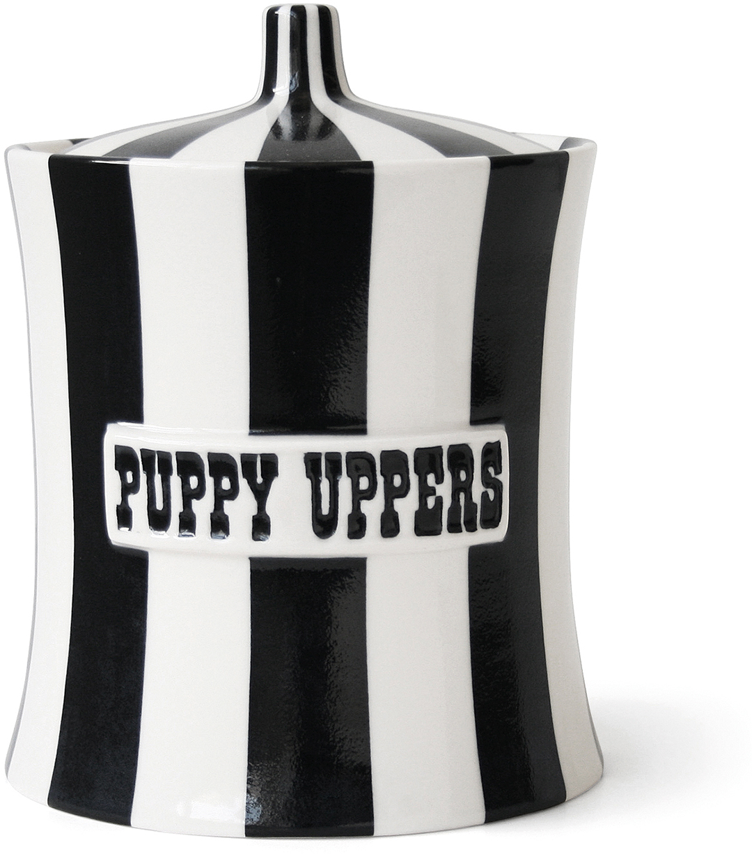 Circus-inspired black and white stripe canister