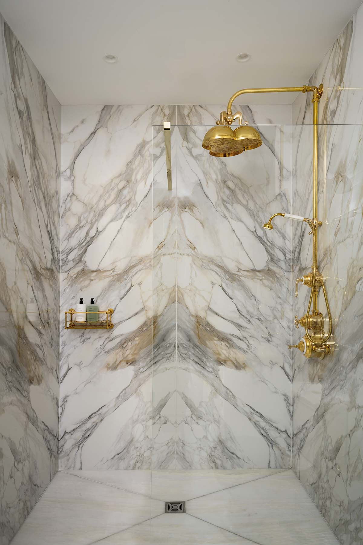 shower room, marble with brassware fixtures and fittings 