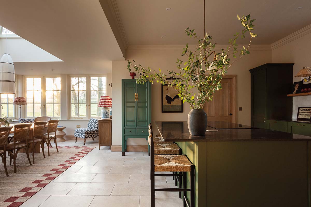 kitchen and dining room area with large windows