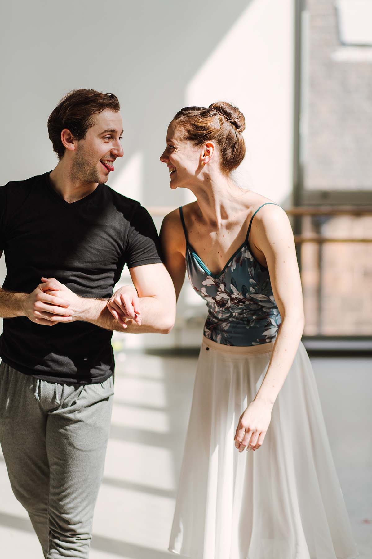 Scottish Ballet's Roseanna and Bruno joke around during rehearsals in the studio