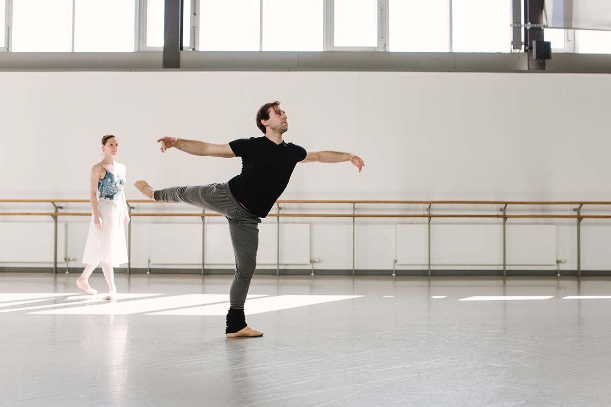 Scottish Ballet's Bruno Micchiardi rehearses as Roseanna looks on at the studio