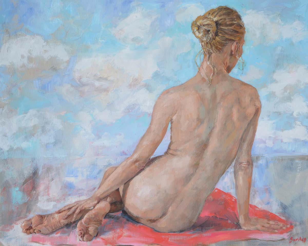 Cumulus by Muriel Barclay, oil on canvas, 61 x 76cm (24 x 30in) - a portrait of a nude woman sitting on a red blanket, facing away from the viewer