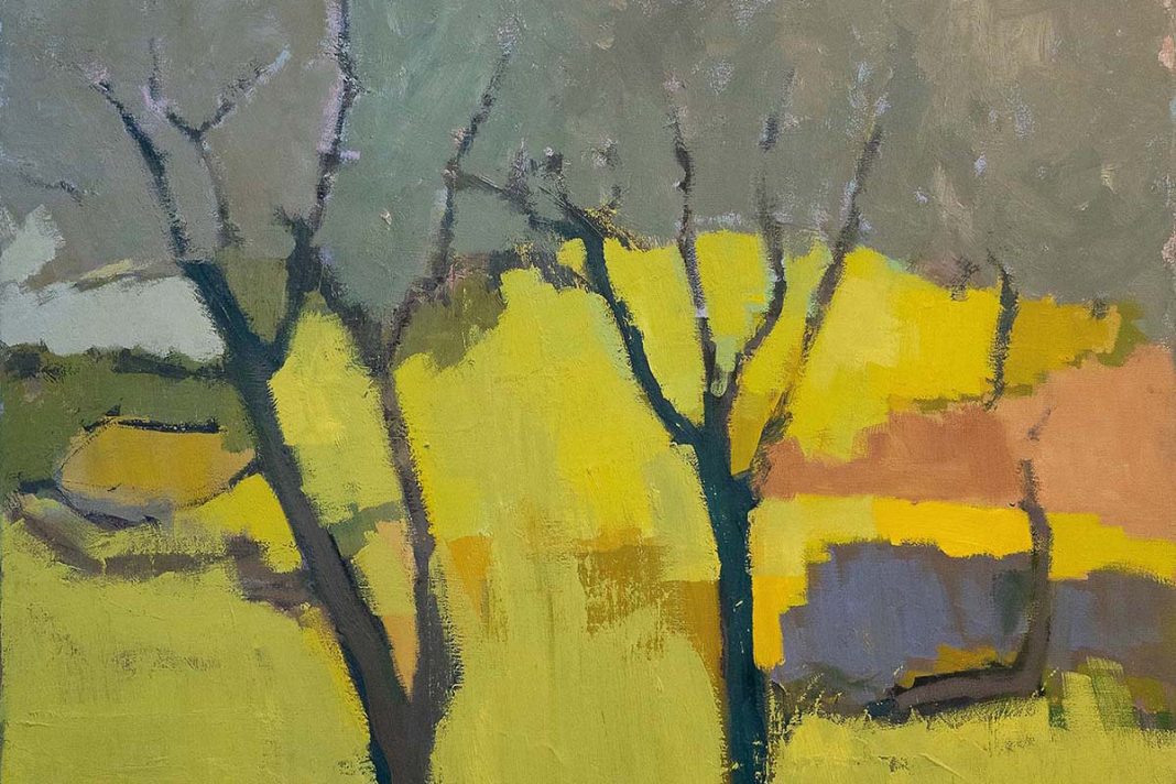 Spring Arrives in Our Garden by Michael Clark PAI RSW RGI, oil on linen, 76 x 76cm (30 x 30in) - An abstract landscape painting in mostly yellow and green