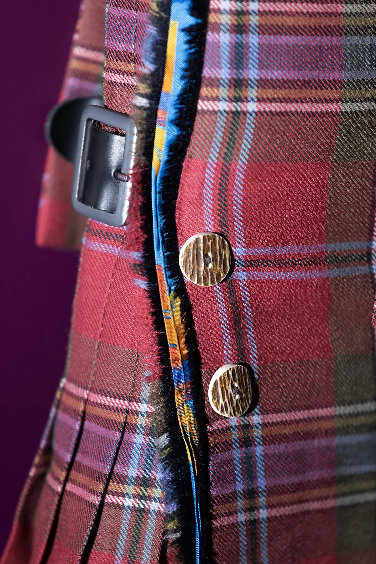 A closeup of Billy Connolly's kilt, which is featuring in V&A Dundee's Tartan exhibition