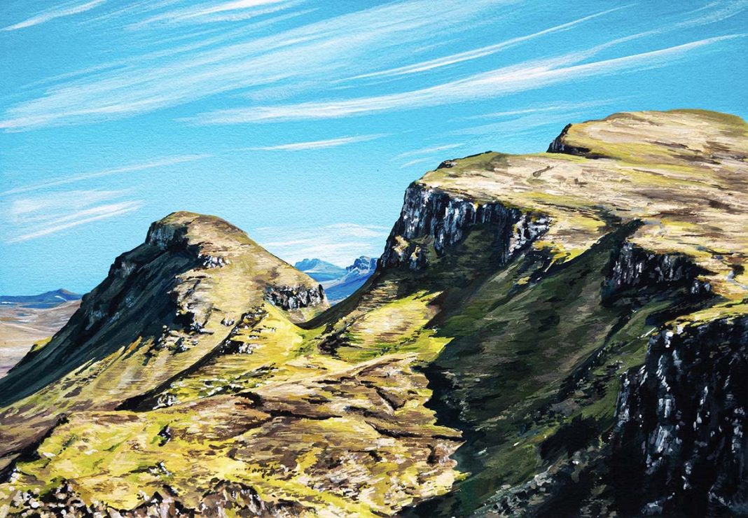 A landscape painting by Holly Aitchison depicting the Quiraing on the Isle of Skye