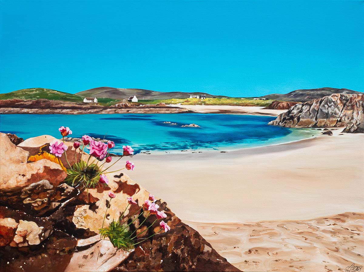 A landscape painting by Holly Aitchison depicting a beach with white sand and clear blue water