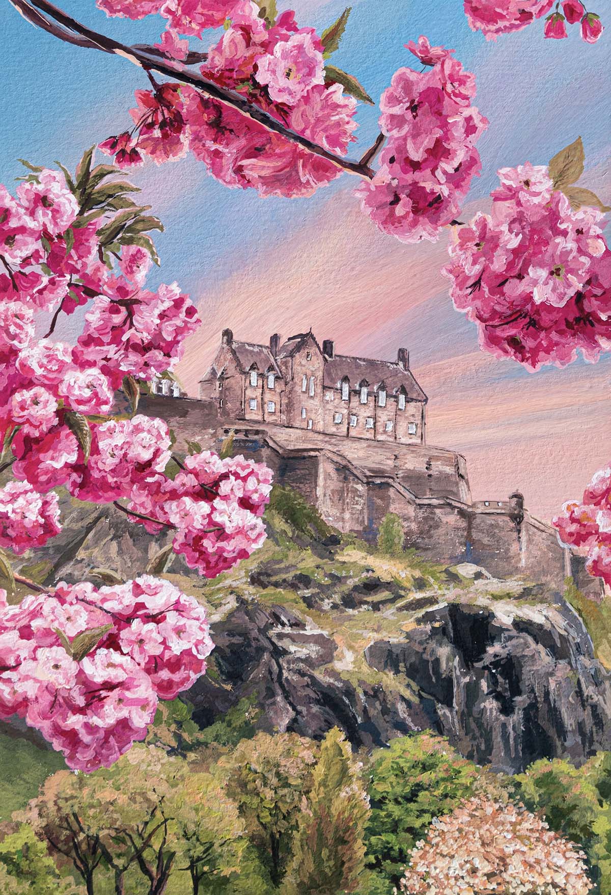 A view of Edinburgh Castle seen through branches of cherry blossom, by Holly Aitchison