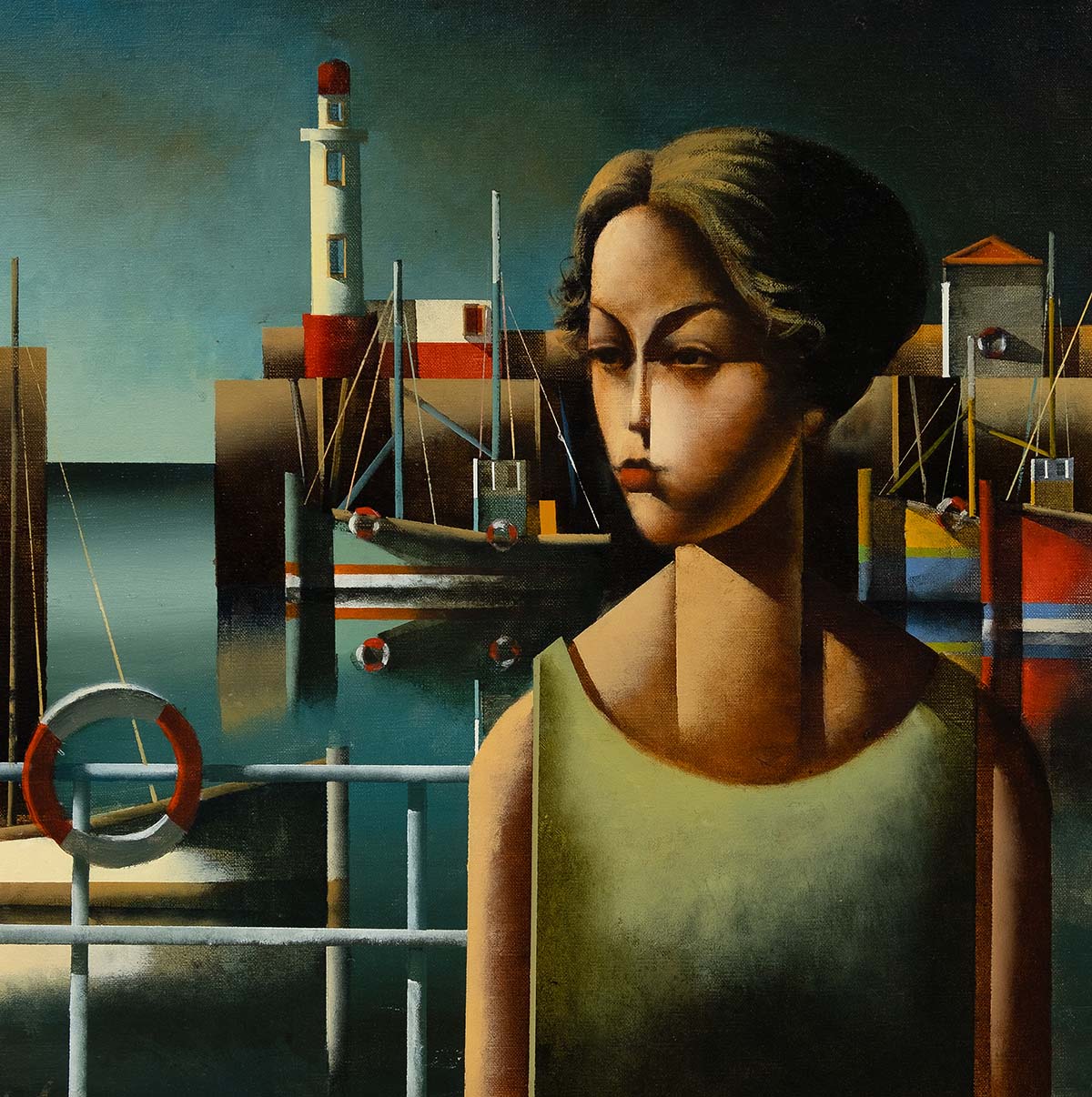 A painting of a woman in front of a dockside scene