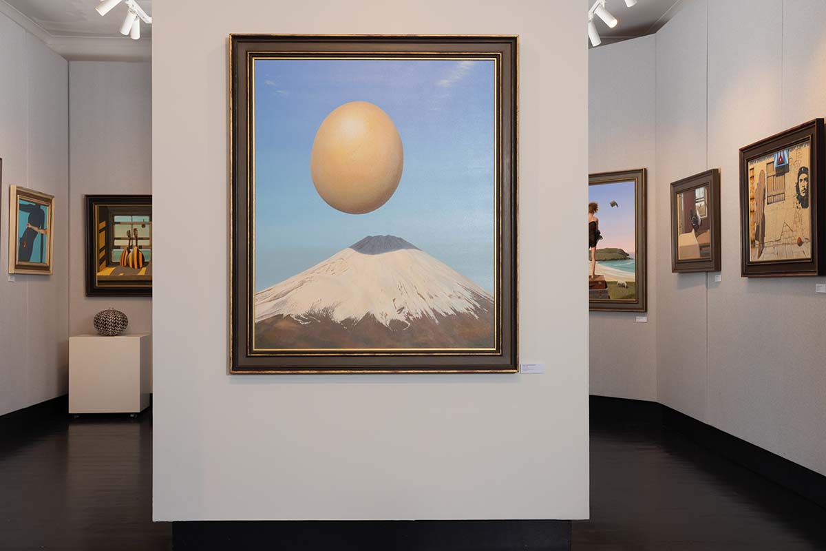 A view of the inside of Morningside Gallery. Prominently displayed is Mother Egg by Gordon Mitchell RSA RSW RGI, oil on canvas, framed size 120 x 139 cm