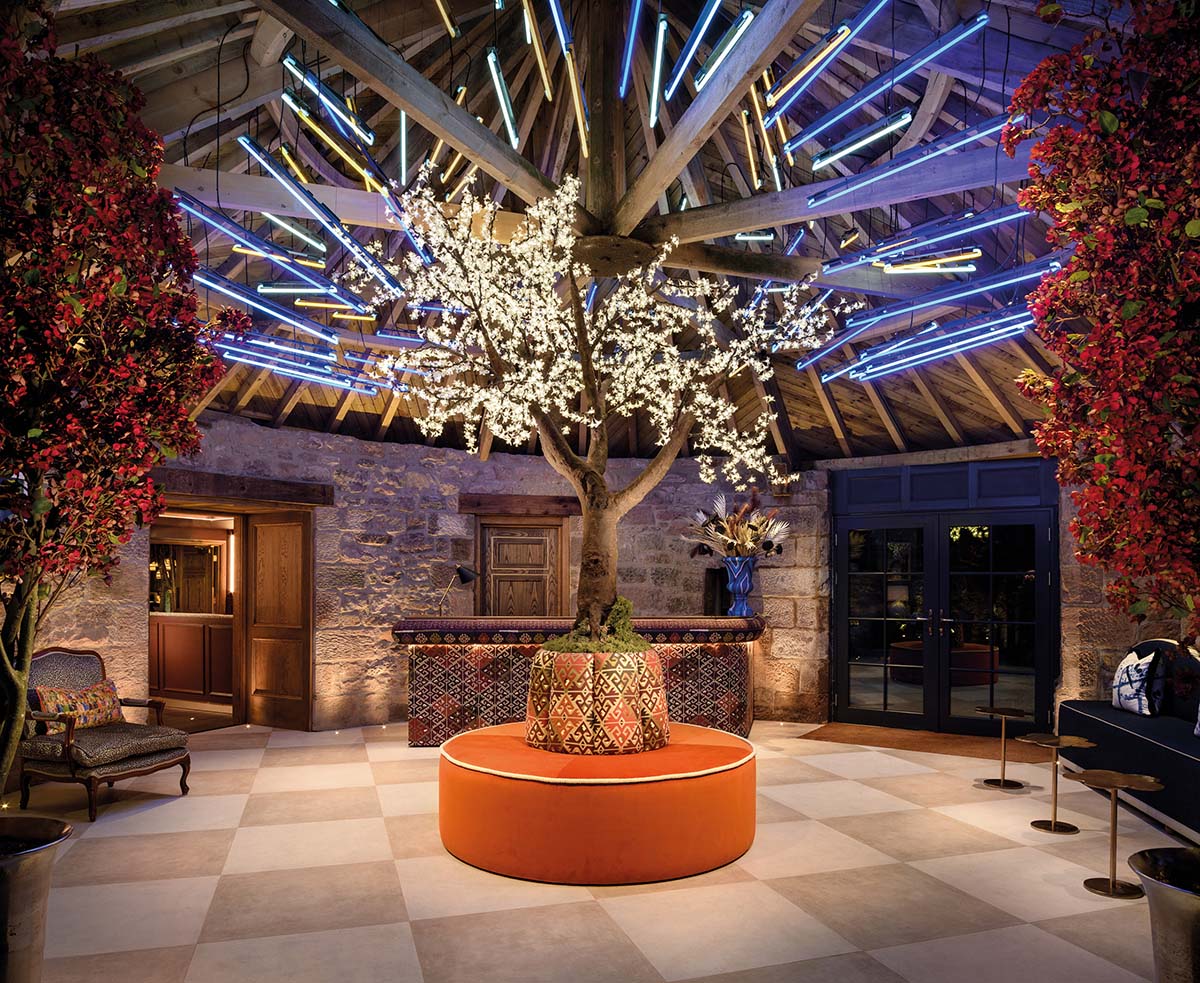 Reception room with neon light roof and tree in middle