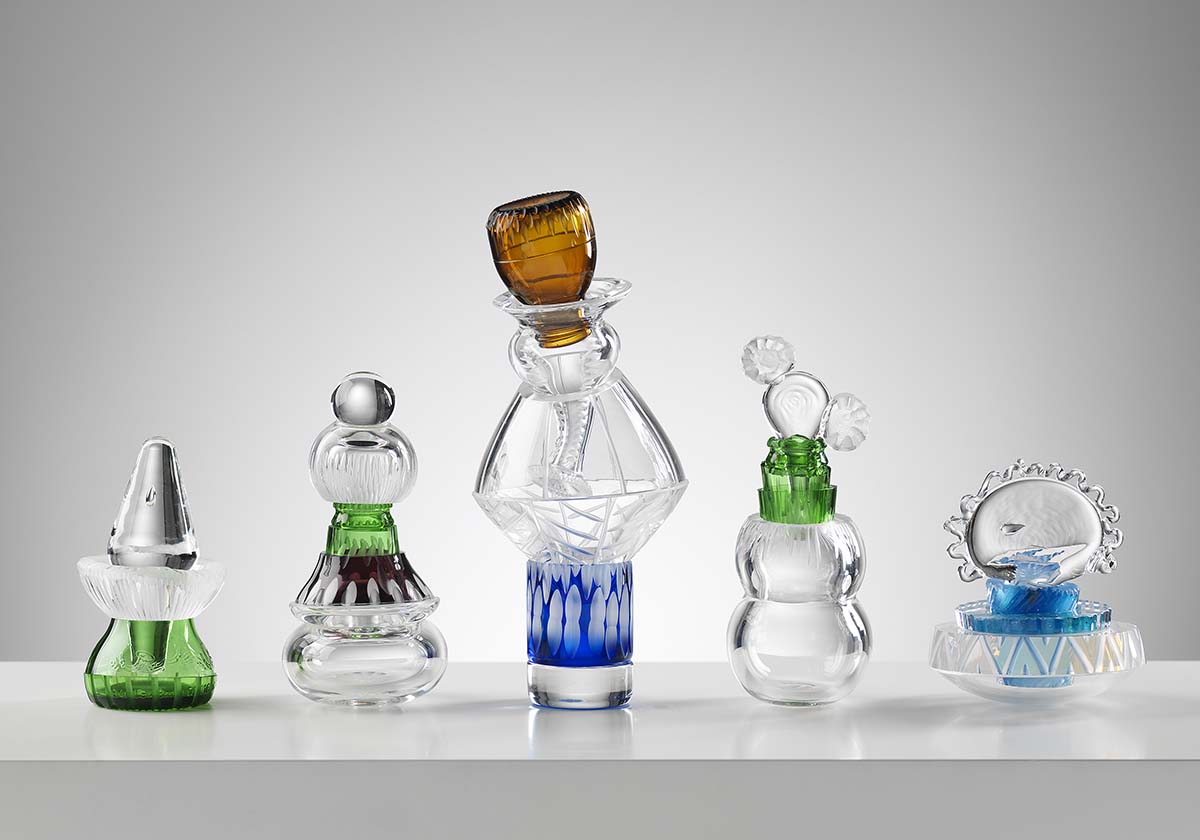 A lineup of glass sculptures