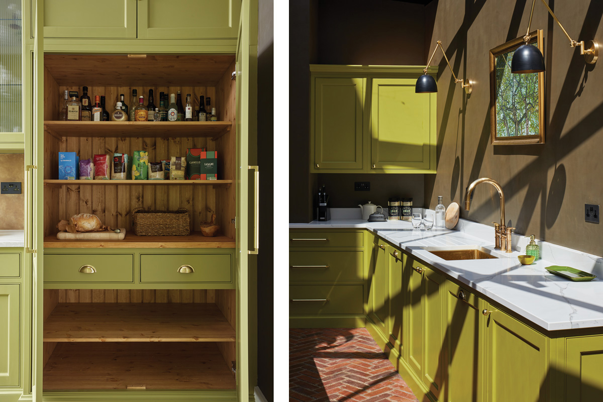 a pantry painted lime; lie cabinetry and a kitchen sink