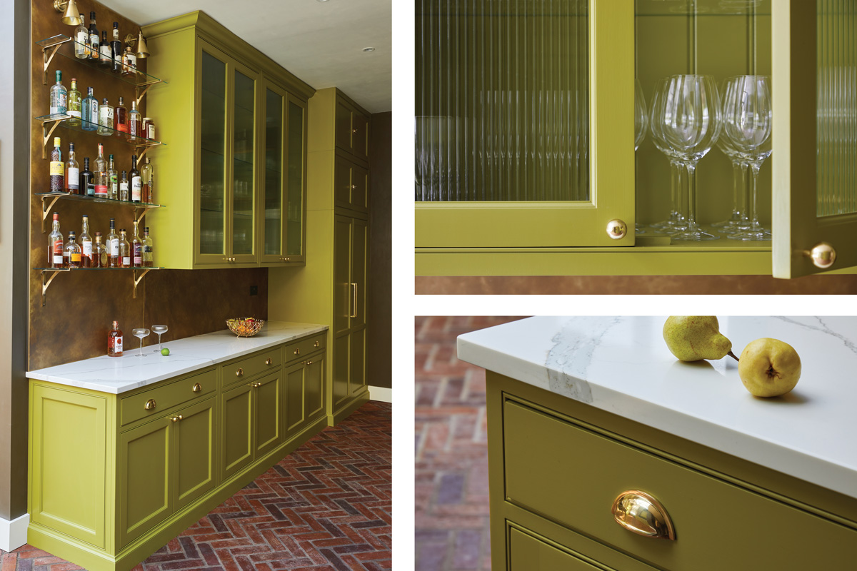 a bar area, painted lime; a close-up of a cupboard containing wine glasses; a close up of lime cabinetry