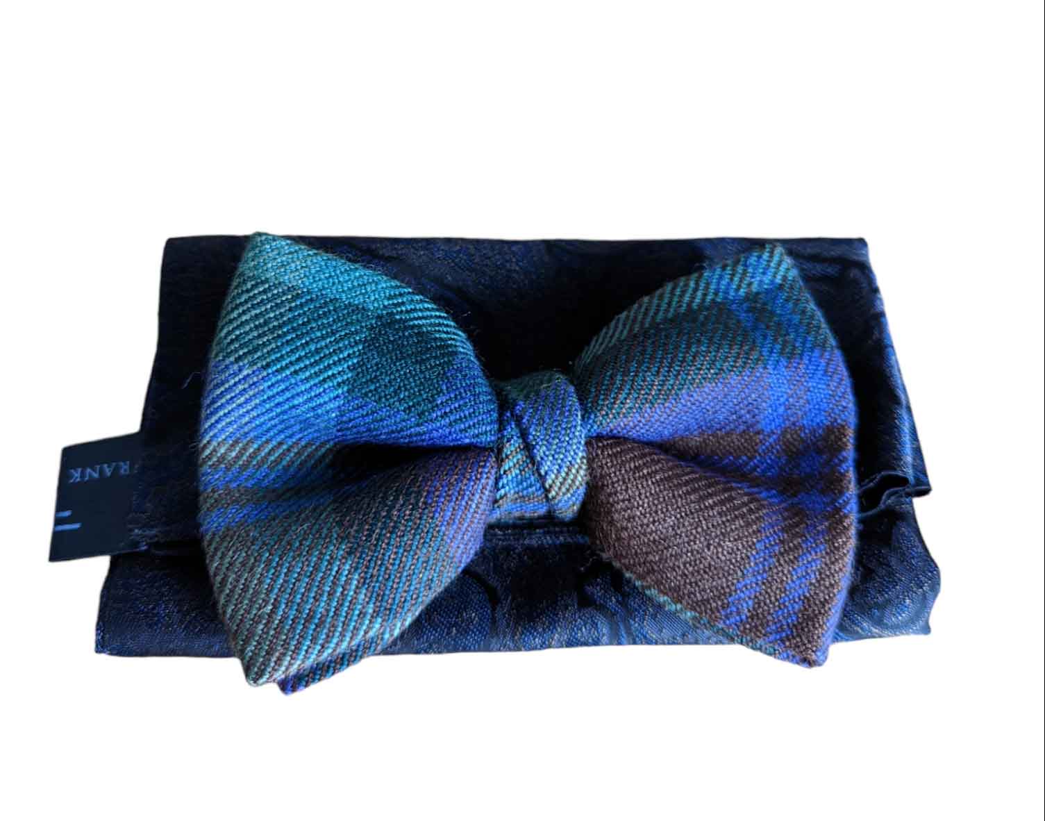 a blue and green tartan bow tie