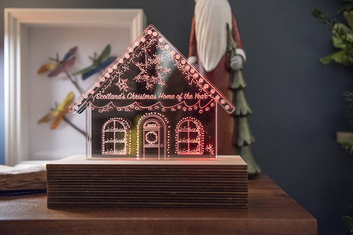 a closeup of the winner's trophy for Scotland's Christmas Home of the Year