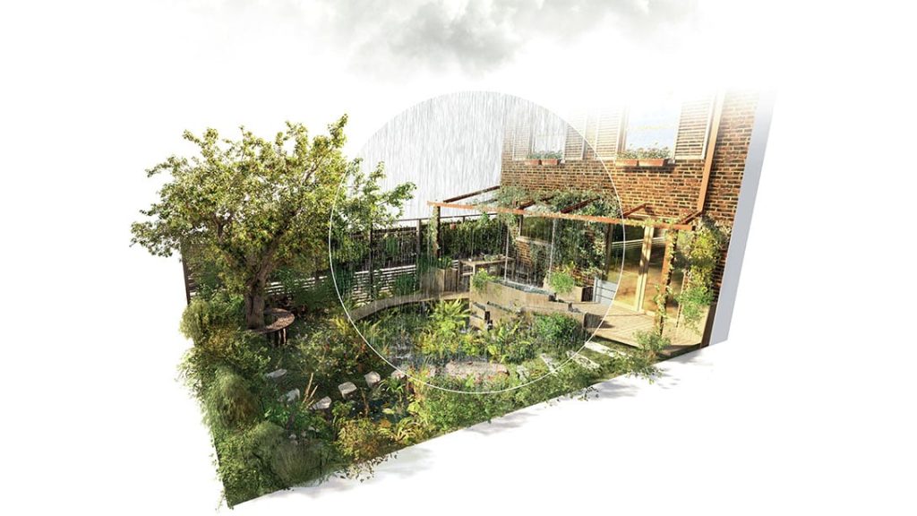 Illustration from Royal Horticultural Society Chelsea Flower Show 2024, featuring the Flood Re: The Flood Resilient Garden.