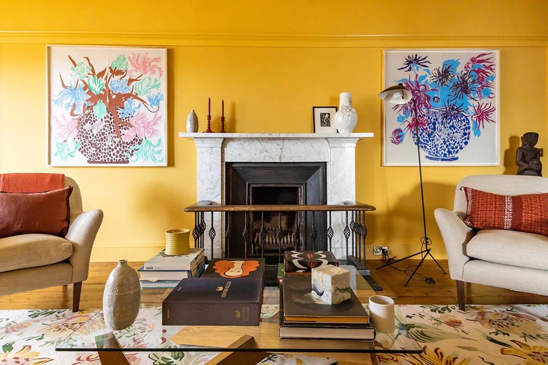 Croiscrag Lodge, living room interior in yellow by Alex Baxter