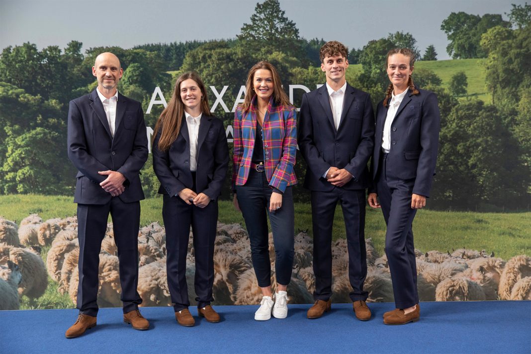 Team GB's canoe slalom athletes Kimberley Woods, Adam Burgess, Mallory Franklin dressed in Alexander Manufacturing formalwear collection