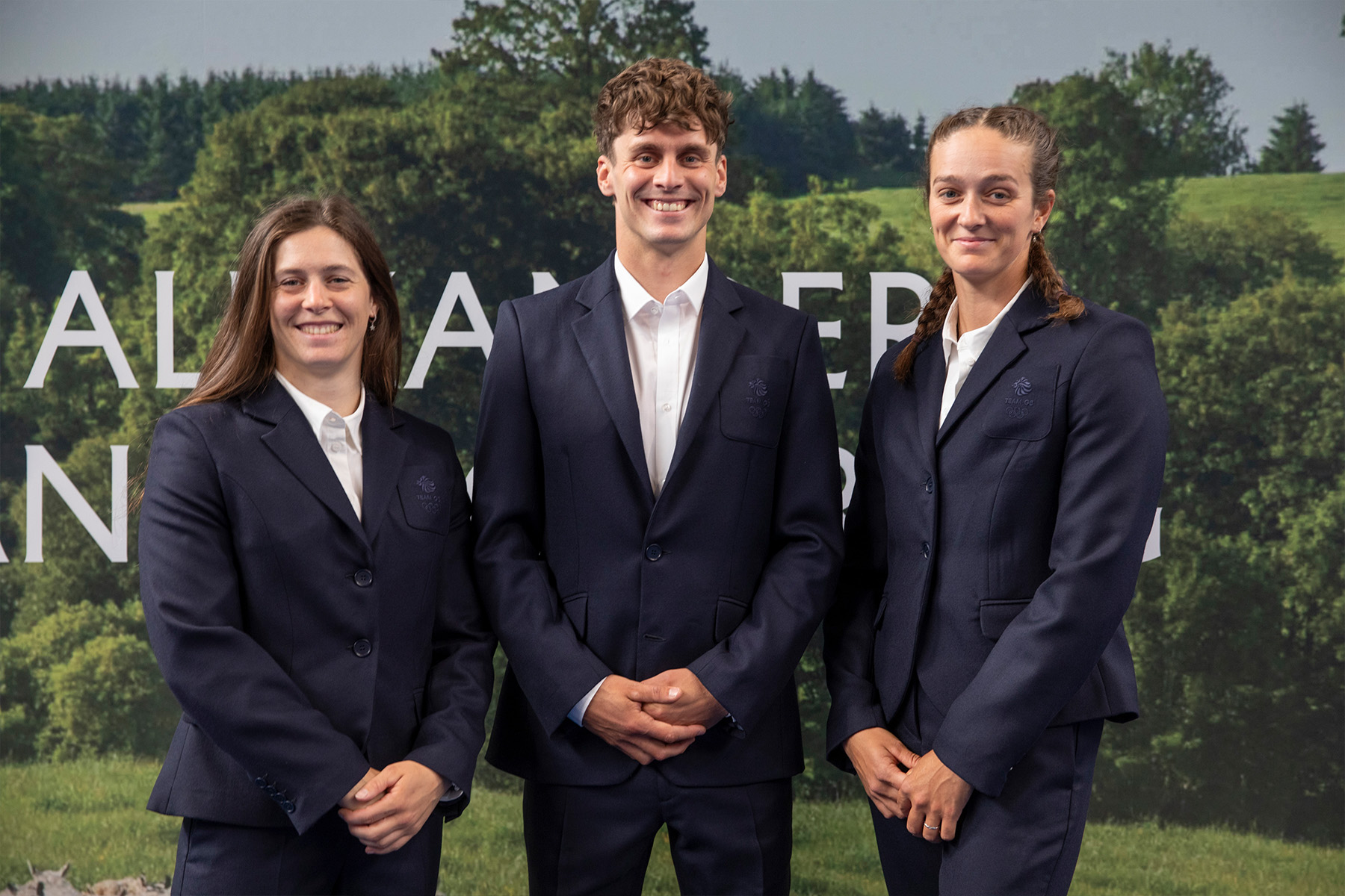 Team GB's canoe slalom athletes Kimberley Woods, Adam Burgess, Mallory Franklin dressed in luxury Scottish fashion house Alexander Manufacturing's formalwear collection