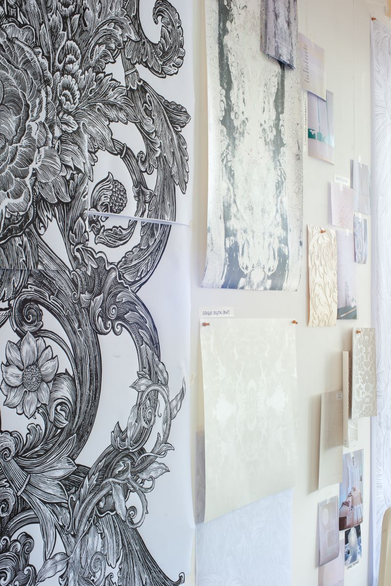 Wall of designs for new Stucco Collection by timorous Beasties
