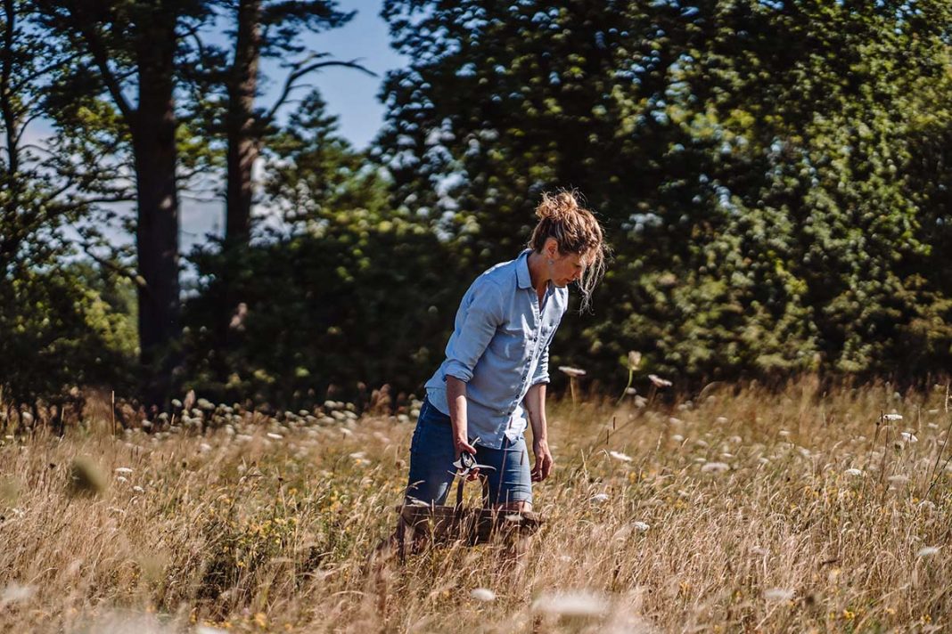 Dr. Sally Gouldstone in the meadow and Rosemains Steading, picking plants and flowers for the skincare brand Seilich