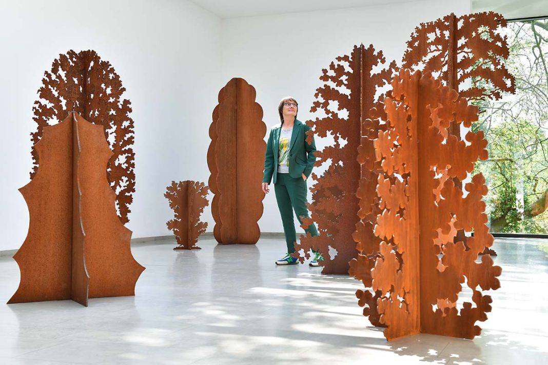 Andrea Geile at her exhibition titled Amongst the Trees at The Scottish Gallery in Edinburgh, inspired by nature